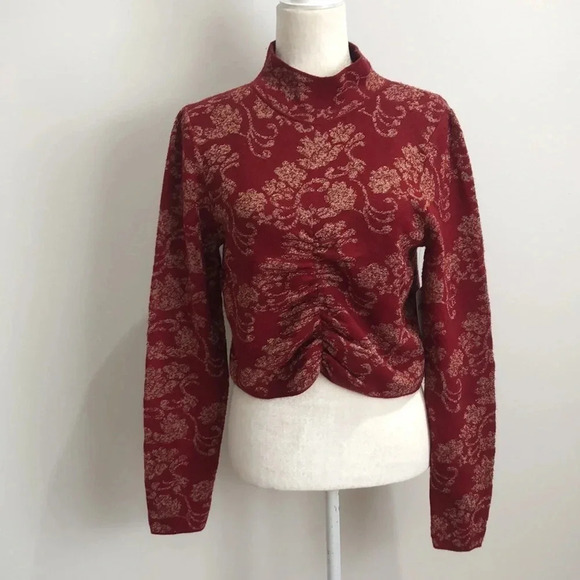 By Anthropologie ruched mock-neck sweater red metallic gold Medium New with Tags - Picture 3 of 8